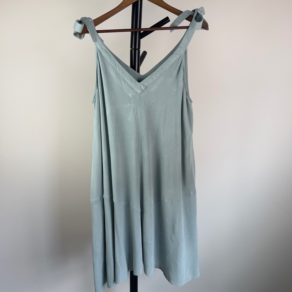 Take Two Clothing Co Sage Green Tie Shoulder V-Neck Crinkle Rayon Midi Dress 1X